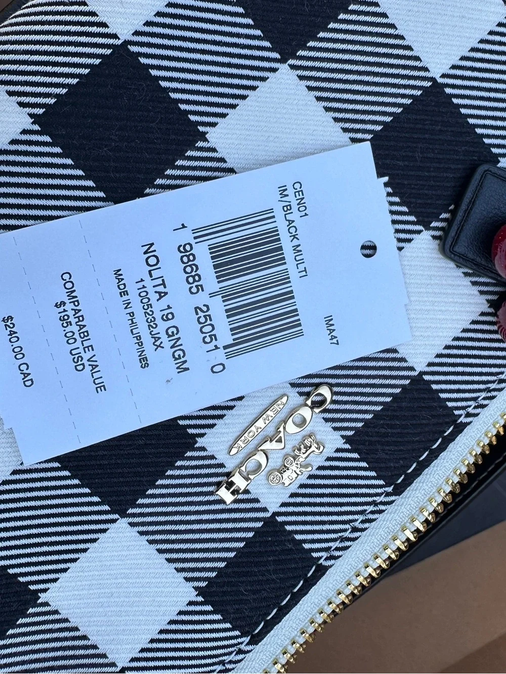 NWT Coach Nolita 19 With Gingham Print And Charm CEN01